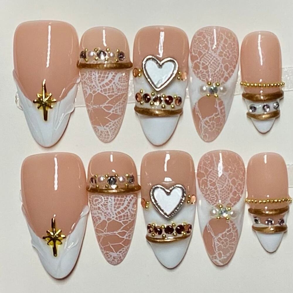 Y2K Coquette White Lace Bangle French Tip Handmade Almond Press On Nails Medium